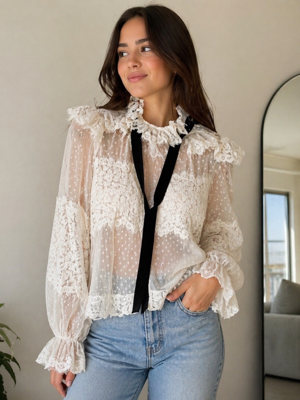 Sheer White Lace Ruffle Blouse with Black Tie